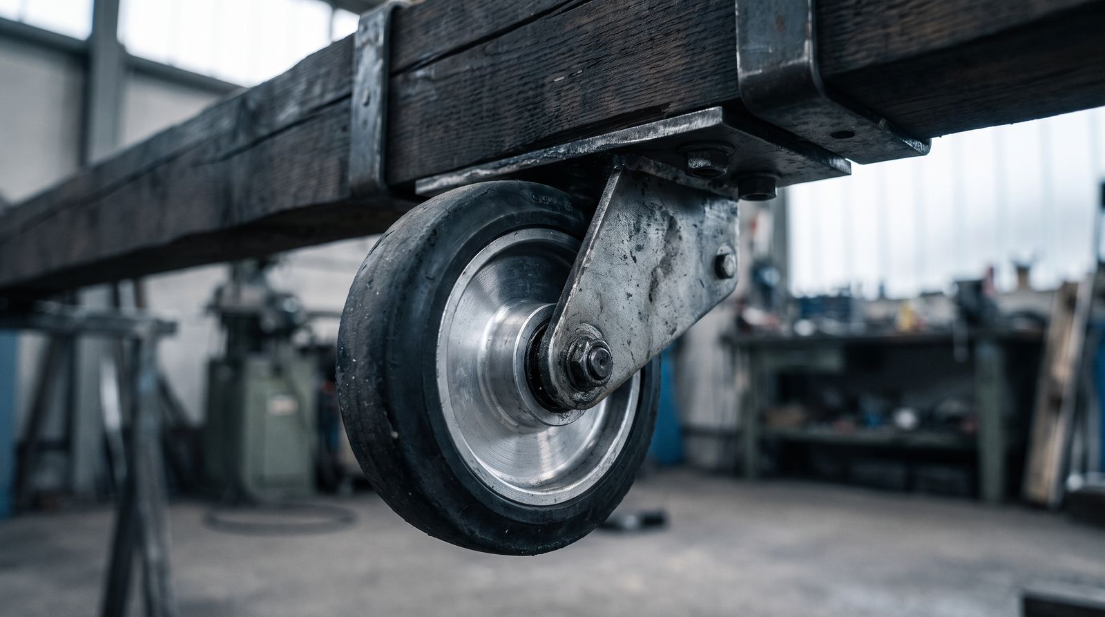 Close-up of a wooden roller coaster's underfriction wheel gripping the underside of a laminated timber running rail capped with a flat steel strap