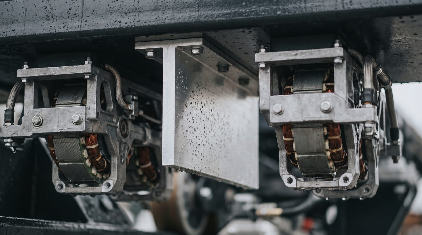 Close-up of a coaster launch section: two rows of copper-wound linear synchronous motor stator blocks flanking the vehicle's magnet fin, beaded with water