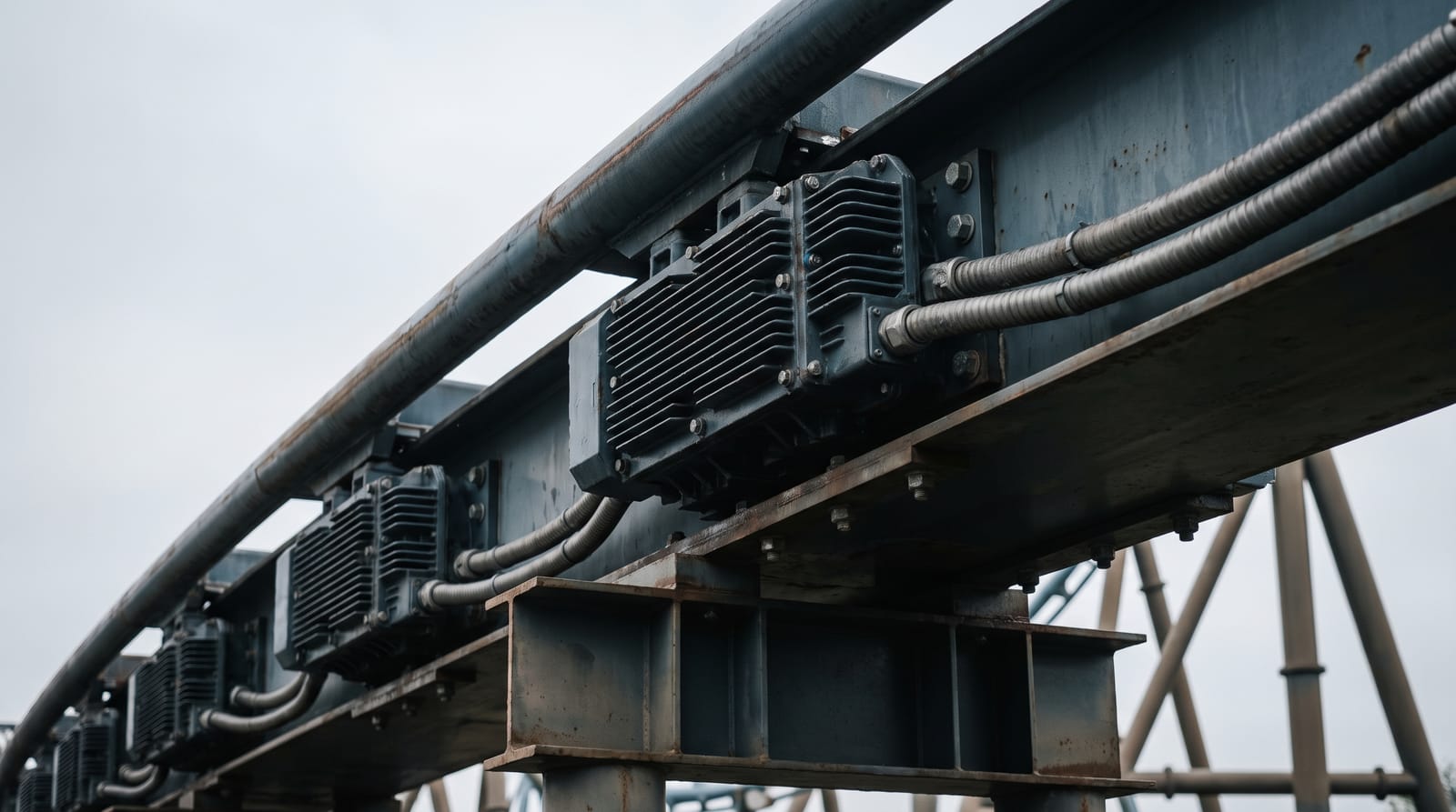 Close-up of a linear synchronous motor launch system: a row of stator coil modules bolted along a steel roller coaster launch rail, with cooling fins and cable conduits visible, no train present