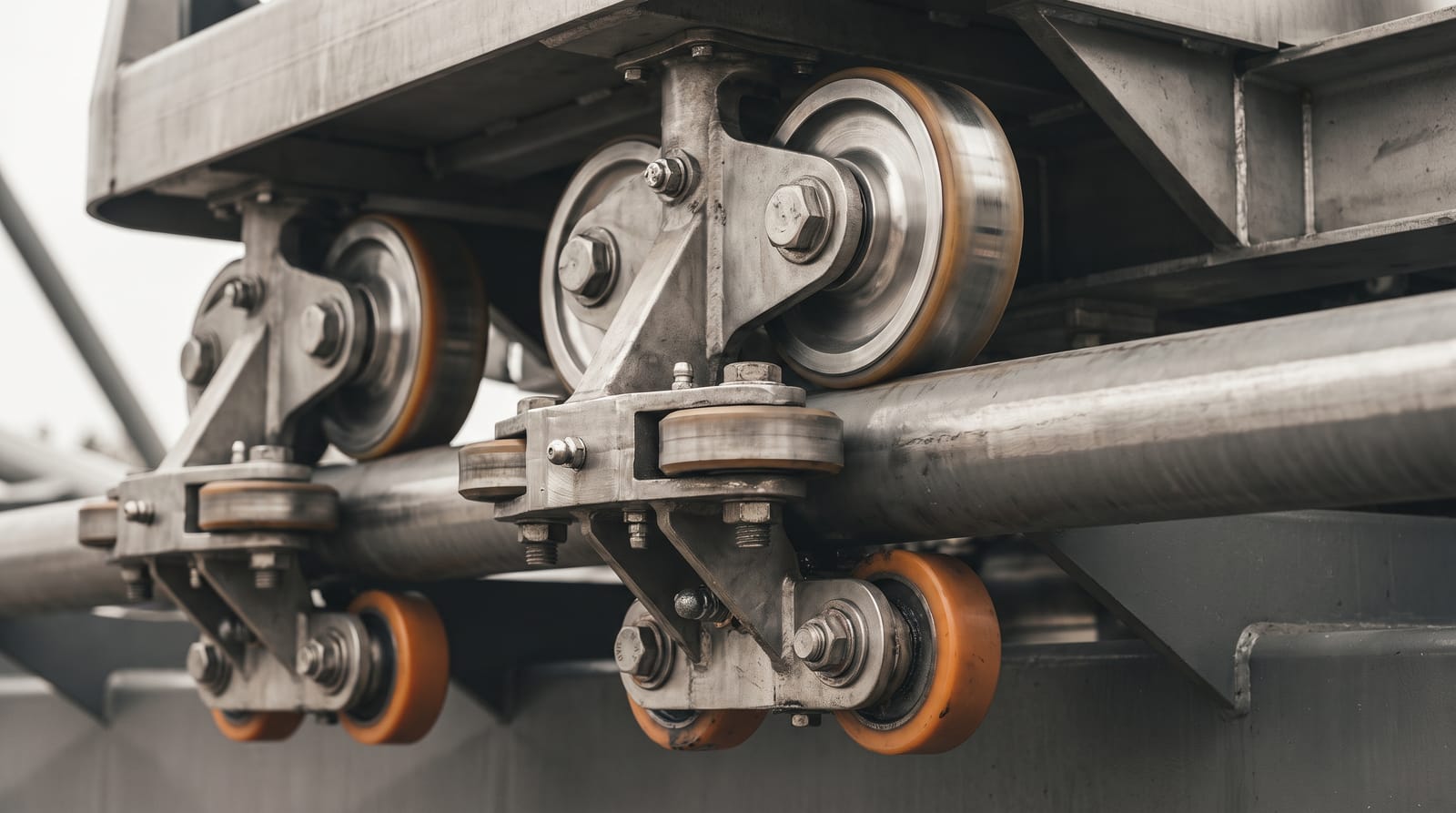 Close-up of a floorless coaster car's running gear: road wheels riding on top of the box-spine rail, urethane up-stop wheels gripping beneath and side guide wheels on the flanks